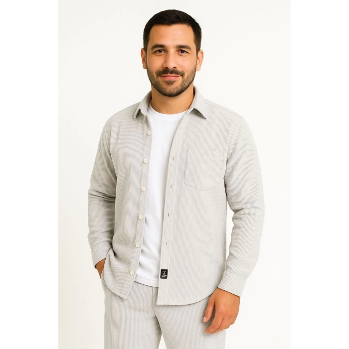 Erkek Fitilli Kadife Cepli Gömlek Oversize Rahat Kalıp - Gri