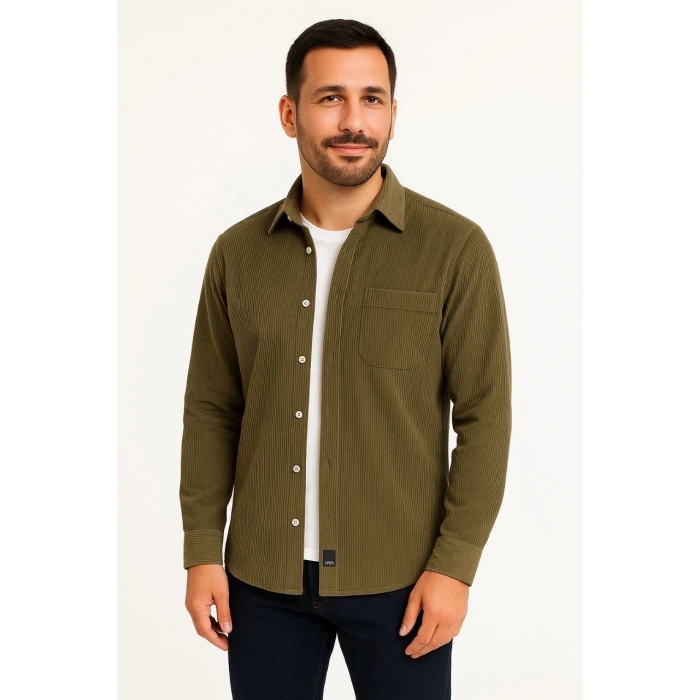 Erkek Fitilli Kadife Cepli Gömlek Oversize Rahat Kalıp - Haki
