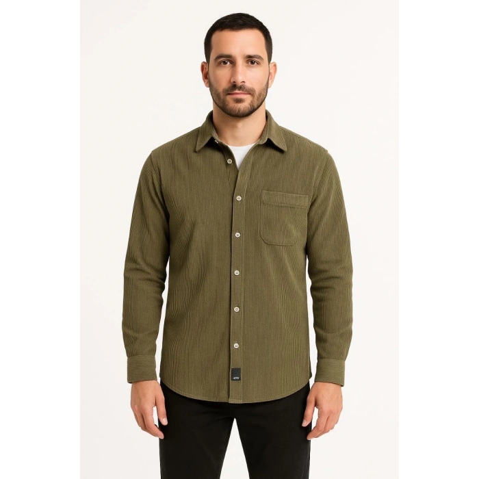Erkek Fitilli Kadife Cepli Gömlek Oversize Rahat Kalıp - Haki