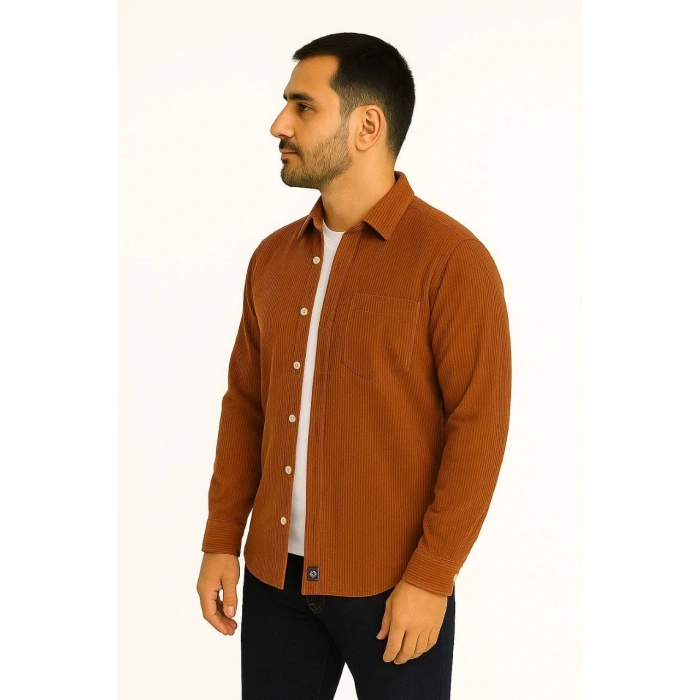 Erkek Fitilli Kadife Cepli Gömlek Oversize Rahat Kalıp - Kahverengi