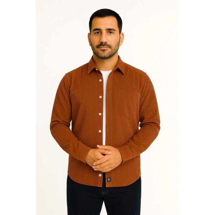 Erkek Fitilli Kadife Cepli Gömlek Oversize Rahat Kalıp - Kahverengi