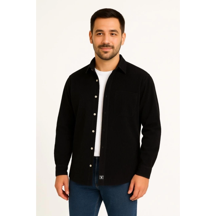 Erkek Fitilli Kadife Cepli Gömlek Oversize Rahat Kalıp - Siyah