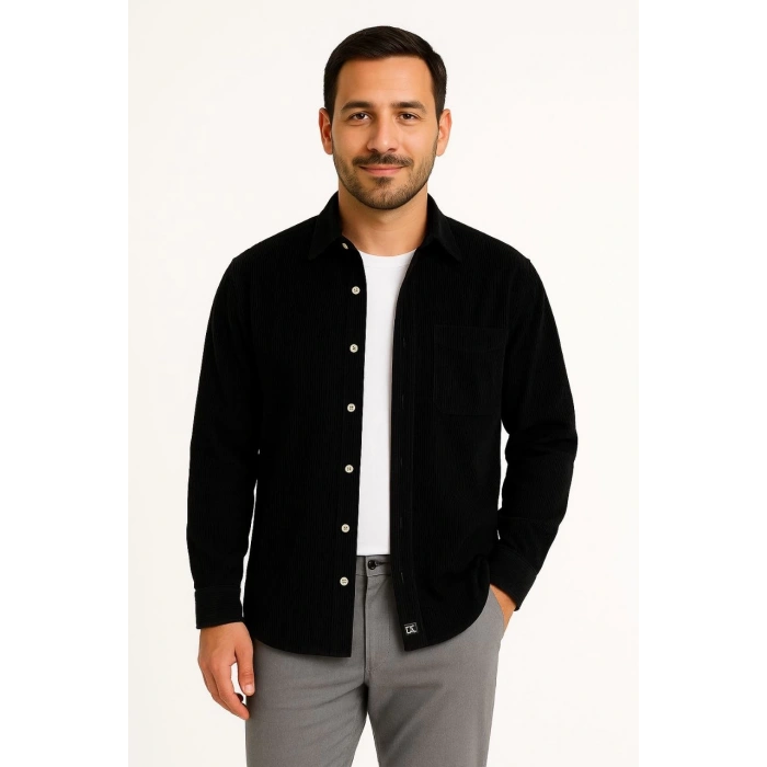 Erkek Fitilli Kadife Cepli Gömlek Oversize Rahat Kalıp - Siyah