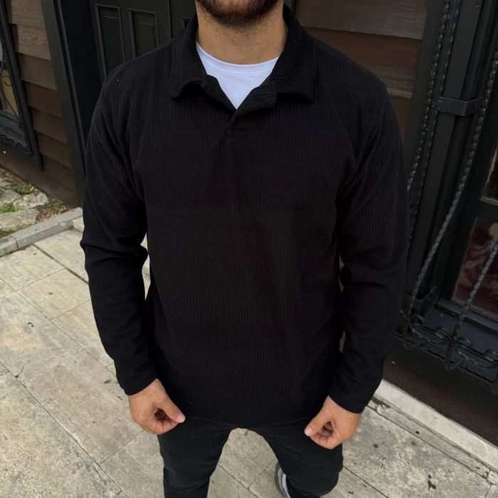 Erkek Fitilli Polar Sweatshirt – Düğmesiz Polo Yaka, Oversize Rahat Kalıp, Kalın Polar Kumaş, Kışlık ve Baharlık Şık Günlük Üst - Siyah