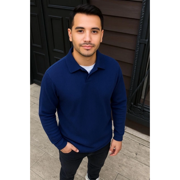 Erkek Fitilli Polar Sweatshirt – Düğmesiz Polo Yaka, Oversize Rahat Kalıp, Kalın Polar Kumaş, Kışlık ve Baharlık Şık Günlük Üst - Lacivert