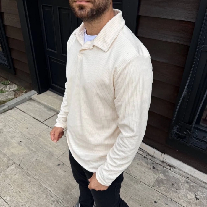 Erkek Fitilli Polar Sweatshirt – Düğmesiz Polo Yaka, Oversize Rahat Kalıp, Kalın Polar Kumaş, Kışlık ve Baharlık Şık Günlük Üst - Beyaz