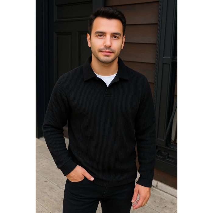 Erkek Fitilli Polar Sweatshirt – Düğmesiz Polo Yaka, Oversize Rahat Kalıp, Kalın Polar Kumaş, Kışlık ve Baharlık Şık Günlük Üst - Siyah