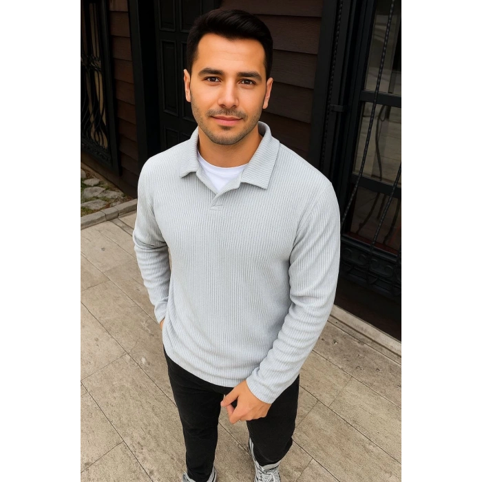 Erkek Fitilli Polar Sweatshirt – Düğmesiz Polo Yaka, Oversize Rahat Kalıp, Kalın Polar Kumaş, Kışlık ve Baharlık Şık Günlük Üst - Gri