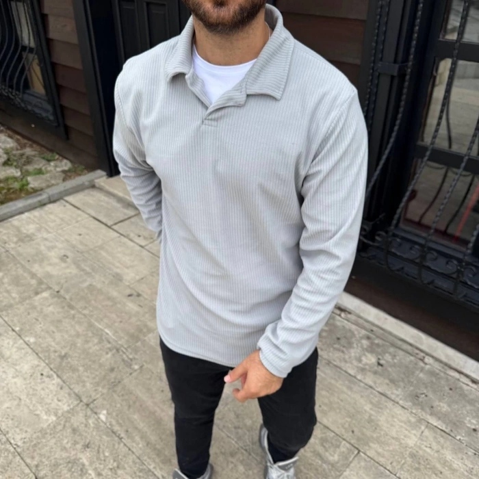 Erkek Fitilli Polar Sweatshirt – Düğmesiz Polo Yaka, Oversize Rahat Kalıp, Kalın Polar Kumaş, Kışlık ve Baharlık Şık Günlük Üst - Gri