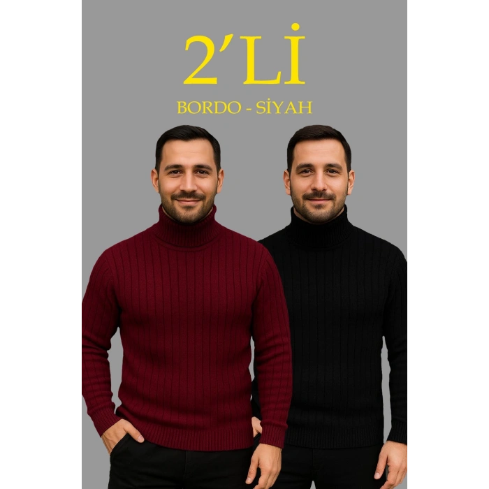 Erkek Fitilli Triko Kazak 2li Set Bordo Siyah Regular Balıkcı Yaka Tam Boğazlı Triko Seti Modeli Kazak