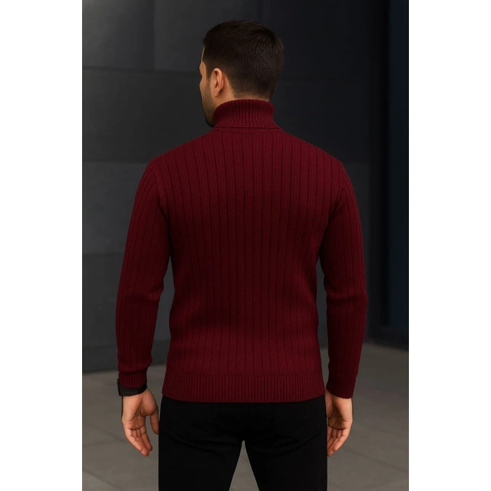 Erkek Fitilli Triko Kazak 2li Set Bordo Siyah Regular Balıkcı Yaka Tam Boğazlı Triko Seti Modeli Kazak