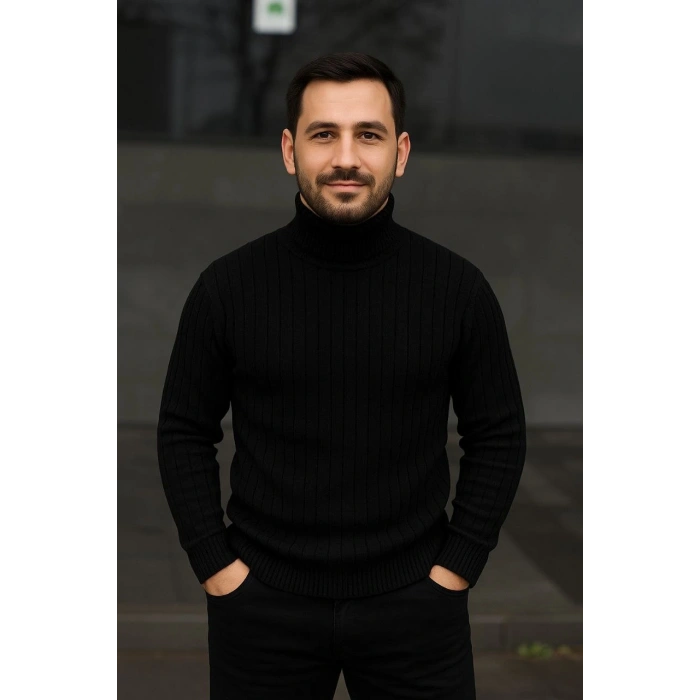 Erkek Fitilli Triko Kazak 2li Set Gri Siyah Regular Balıkcı Yaka Tam Boğazlı Triko Seti Modeli Kazak