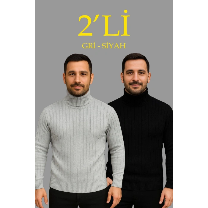 Erkek Fitilli Triko Kazak 2li Set Gri Siyah Regular Balıkcı Yaka Tam Boğazlı Triko Seti Modeli Kazak