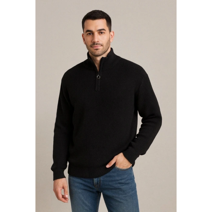 ERKEK FİTİLLİ TRİKO KAZAK 2’Lİ SET –  MİNT YEŞİLİ & SİYAH, KALIN DOKUMA PAMUKLU REGULAR FİT V YAKA FERMUARLI UZUN KOLLU RAHAT KIŞLIK KAZAK KOMBİNİ