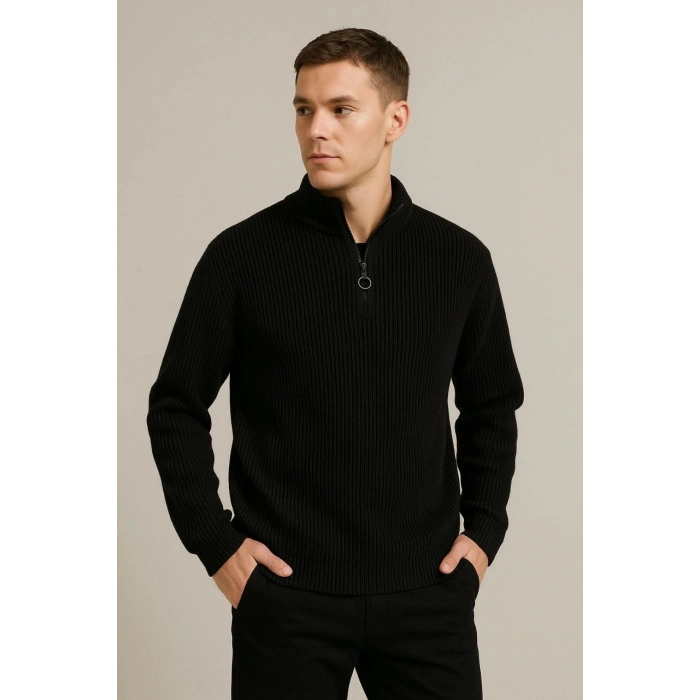 ERKEK FİTİLLİ TRİKO KAZAK 2’Lİ SET –  MİNT YEŞİLİ & SİYAH, KALIN DOKUMA PAMUKLU REGULAR FİT V YAKA FERMUARLI UZUN KOLLU RAHAT KIŞLIK KAZAK KOMBİNİ