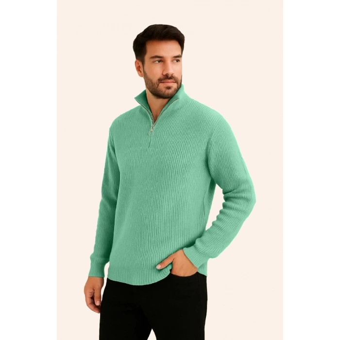 ERKEK FİTİLLİ TRİKO KAZAK 2’Lİ SET –  MİNT YEŞİLİ & SİYAH, KALIN DOKUMA PAMUKLU REGULAR FİT V YAKA FERMUARLI UZUN KOLLU RAHAT KIŞLIK KAZAK KOMBİNİ