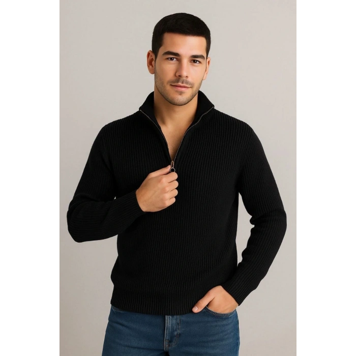 ERKEK FİTİLLİ TRİKO KAZAK 2’Lİ SET –  MİNT YEŞİLİ & SİYAH, KALIN DOKUMA PAMUKLU REGULAR FİT V YAKA FERMUARLI UZUN KOLLU RAHAT KIŞLIK KAZAK KOMBİNİ