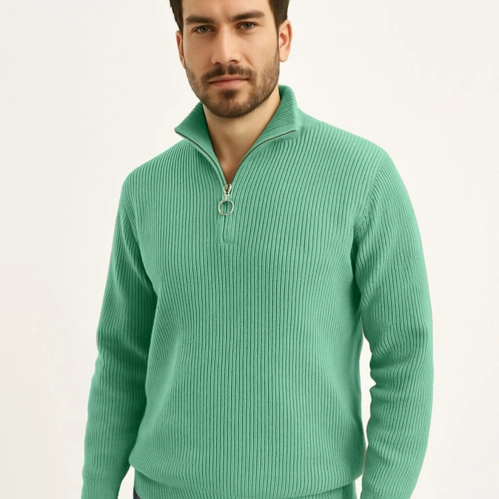 ERKEK FİTİLLİ TRİKO KAZAK 2’Lİ SET –  MİNT YEŞİLİ & SİYAH, KALIN DOKUMA PAMUKLU REGULAR FİT V YAKA FERMUARLI UZUN KOLLU RAHAT KIŞLIK KAZAK KOMBİNİ