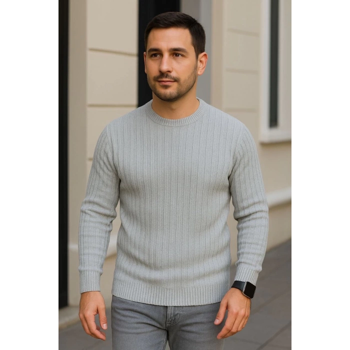 Erkek Fitilli Triko Kazak 2’li Set – Siyah & Gri, Kalın Dokuma Pamuklu Regular Fit Bisiklet Yaka Uzun Kollu Rahat Kışlık Kazak Kombini