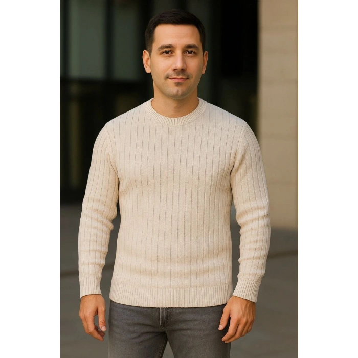 Erkek Fitilli Triko Kazak 3lü Set Bej Gri Siyah Regular Fit Bisiklet Yaka Triko Seti Kazak Modeli