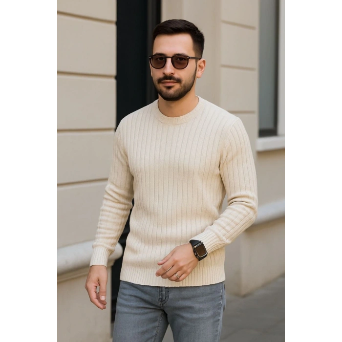 Erkek Fitilli Triko Kazak 3lü Set Bej Gri Siyah Regular Fit Bisiklet Yaka Triko Seti Kazak Modeli