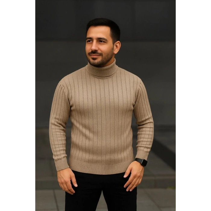 Erkek Fitilli Triko Kazak 3lÜ Set Bej Haki Siyah Regular Balıkcı Yaka Tam Boğazlı Triko Seti Modeli Kazak