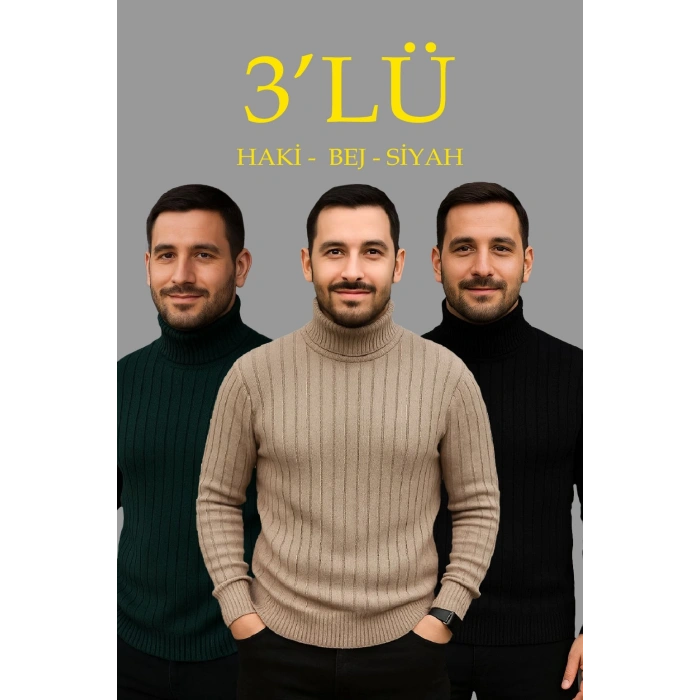 Erkek Fitilli Triko Kazak 3lÜ Set Bej Haki Siyah Regular Balıkcı Yaka Tam Boğazlı Triko Seti Modeli Kazak