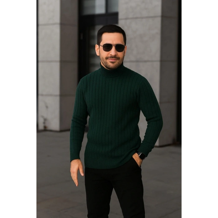 Erkek Fitilli Triko Kazak 3lÜ Set Gri Haki Siyah Regular Balıkcı Yaka Tam Boğazlı Triko Seti Modeli Kazak