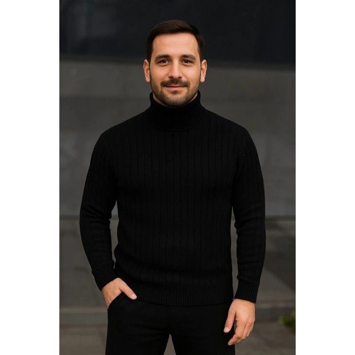 Erkek Fitilli Triko Kazak 3lÜ Set Gri Haki Siyah Regular Balıkcı Yaka Tam Boğazlı Triko Seti Modeli Kazak