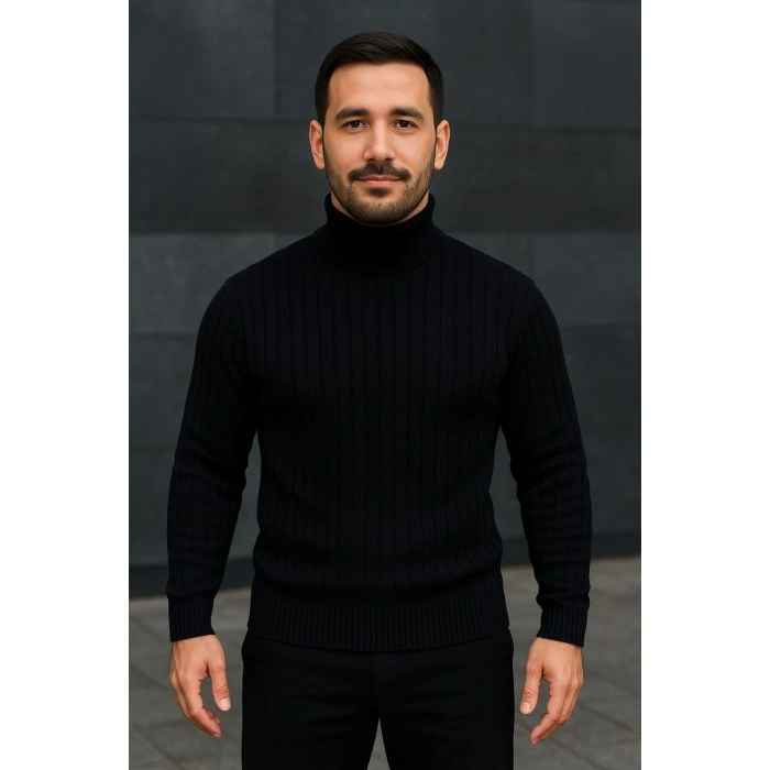 Erkek Fitilli Triko Kazak 3lÜ Set Gri Haki Siyah Regular Balıkcı Yaka Tam Boğazlı Triko Seti Modeli Kazak