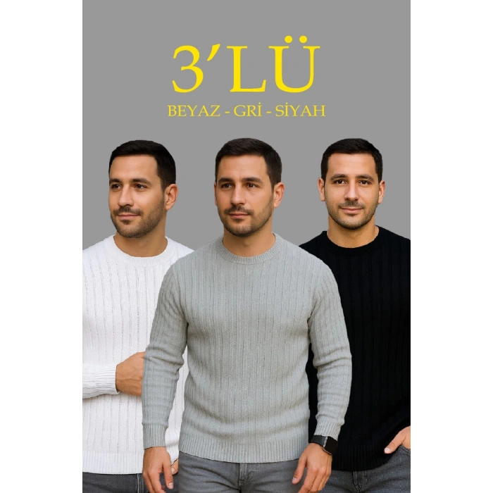 Erkek Fitilli Triko Kazak 3lü Set Beyaz Gri Siyah Regular Fit Bisiklet Yaka Triko Seti Kazak Modeli