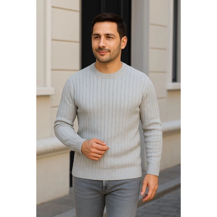 Erkek Fitilli Triko Kazak 3lü Set Beyaz Gri Siyah Regular Fit Bisiklet Yaka Triko Seti Kazak Modeli