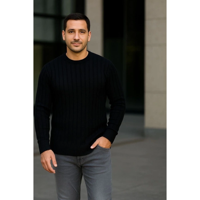 Erkek Fitilli Triko Kazak 3lü Set Beyaz Gri Siyah Regular Fit Bisiklet Yaka Triko Seti Kazak Modeli