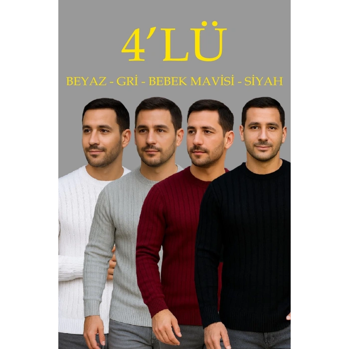 Erkek Fitilli Triko Kazak 4’lü Set Beyaz Bordo Gri Siyah Regular Fit Bisiklet Yaka Kazak Triko Kombini