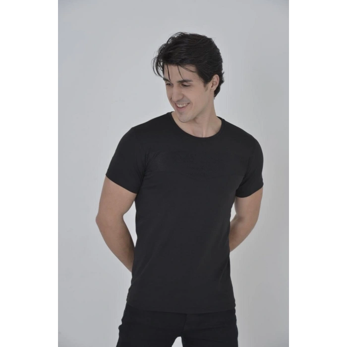 ERKEK GÖGÜS FİLELİ SLİM FİT T-SHİRT - SİYAH