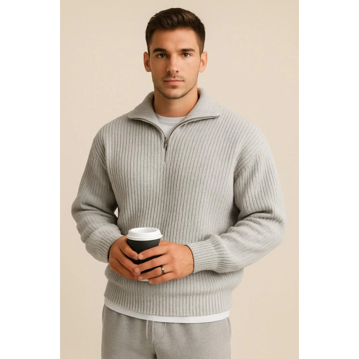 Erkek Gri Yarım Fermuarlı Fitilli Triko Kazak