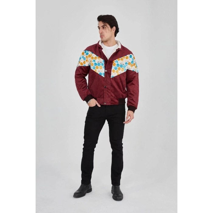 ERKEK İÇİ ASTARLI İÇTEN YAKA KISMI PELUŞLU BEYAZ ŞERİTLİ VİNTAGE CEKET - MÜRDÜM