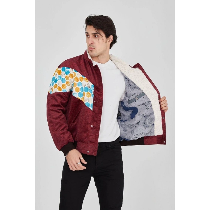 ERKEK İÇİ ASTARLI İÇTEN YAKA KISMI PELUŞLU BEYAZ ŞERİTLİ VİNTAGE CEKET - MÜRDÜM