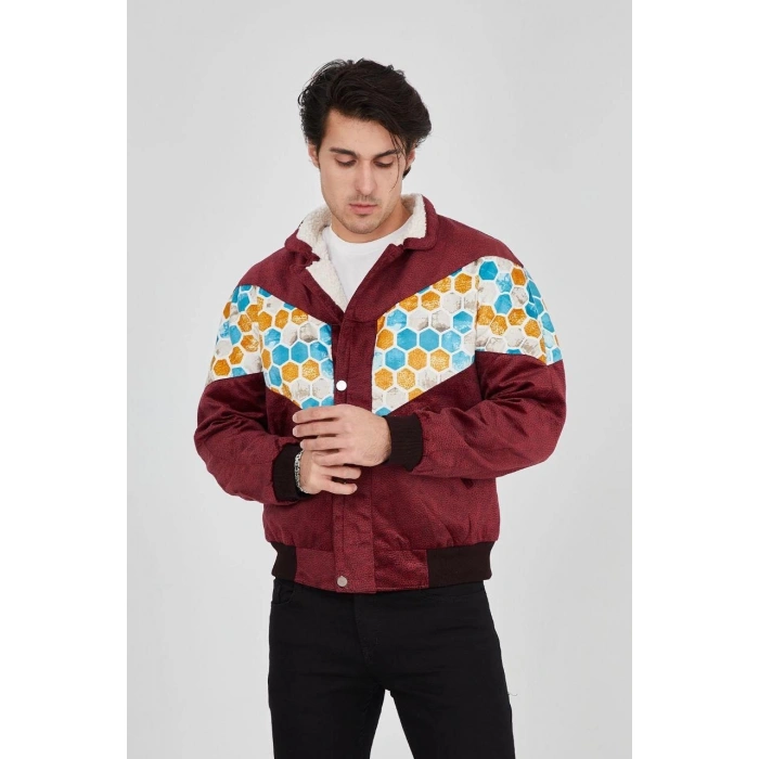 ERKEK İÇİ ASTARLI İÇTEN YAKA KISMI PELUŞLU BEYAZ ŞERİTLİ VİNTAGE CEKET - MÜRDÜM