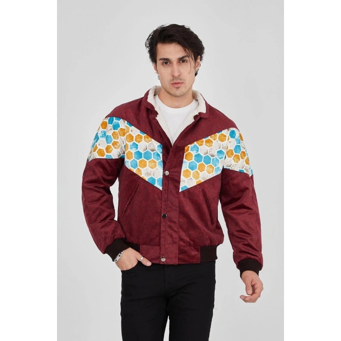 ERKEK İÇİ ASTARLI İÇTEN YAKA KISMI PELUŞLU BEYAZ ŞERİTLİ VİNTAGE CEKET - MÜRDÜM