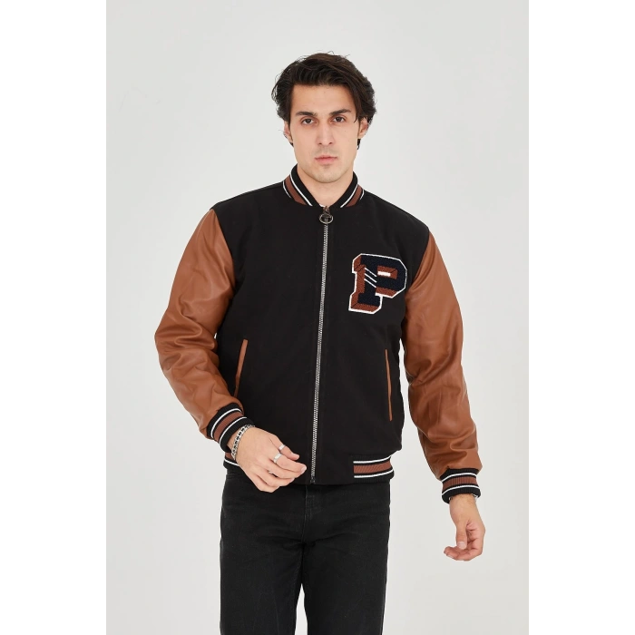 ERKEK İÇTEN ELYAF VE ASTARLI KOLLARI SUNİ DERİ CEKET - KAHVERENGİ