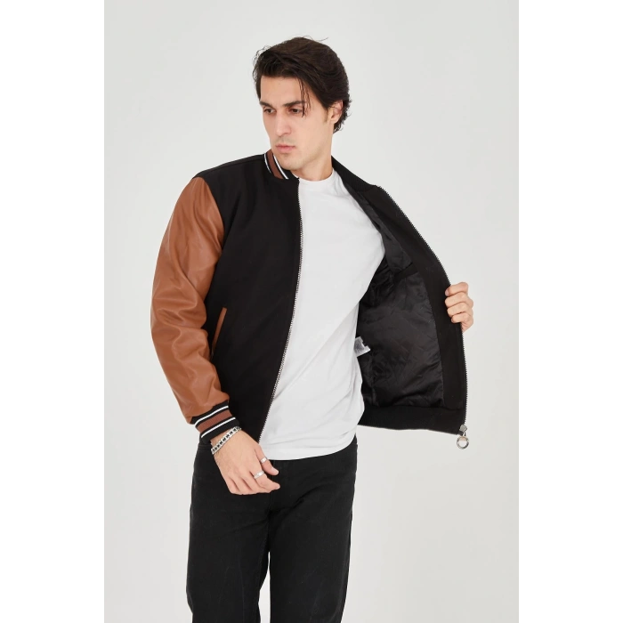 ERKEK İÇTEN ELYAF VE ASTARLI KOLLARI SUNİ DERİ CEKET - KAHVERENGİ