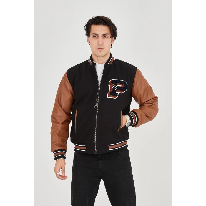 ERKEK İÇTEN ELYAF VE ASTARLI KOLLARI SUNİ DERİ CEKET - KAHVERENGİ