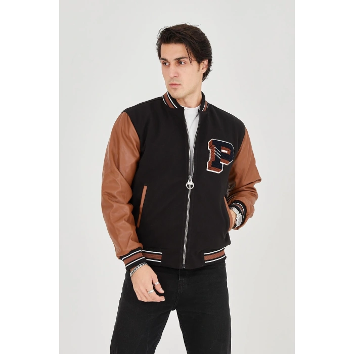 ERKEK İÇTEN ELYAF VE ASTARLI KOLLARI SUNİ DERİ CEKET - KAHVERENGİ