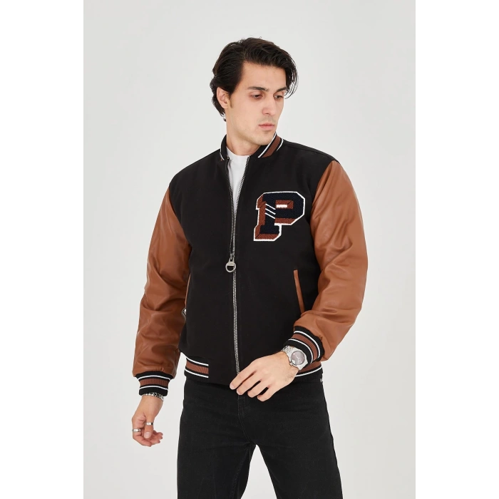 ERKEK İÇTEN ELYAF VE ASTARLI KOLLARI SUNİ DERİ CEKET - KAHVERENGİ