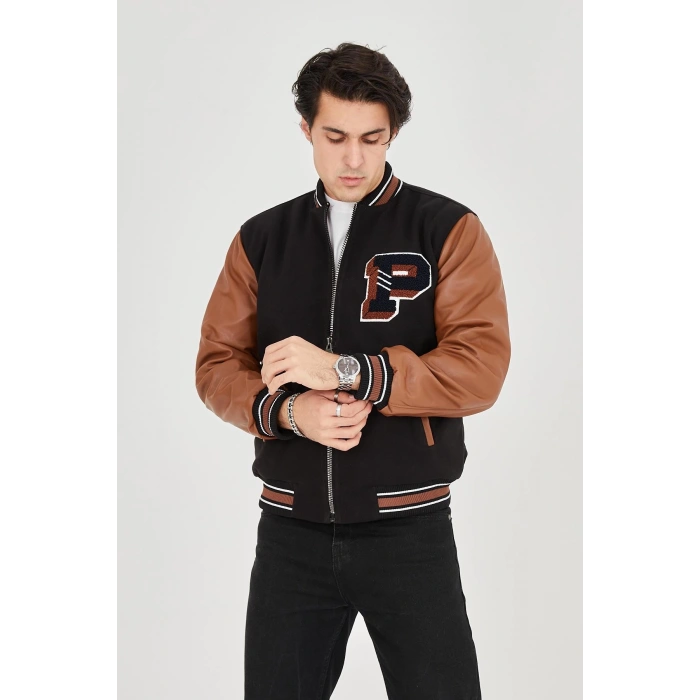 ERKEK İÇTEN ELYAF VE ASTARLI KOLLARI SUNİ DERİ CEKET - KAHVERENGİ