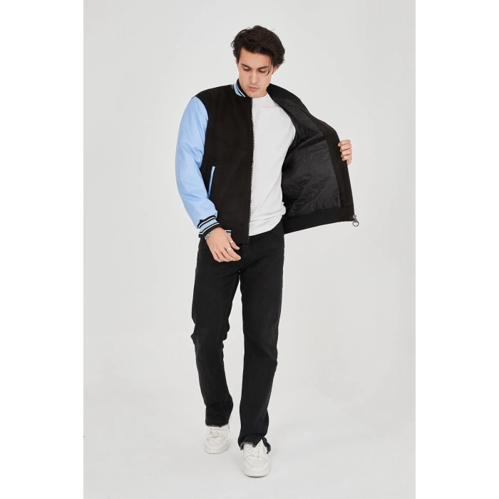 ERKEK İÇTEN ELYAF VE ASTARLI KOLLARI SUNİ DERİ CEKET - MAVİ