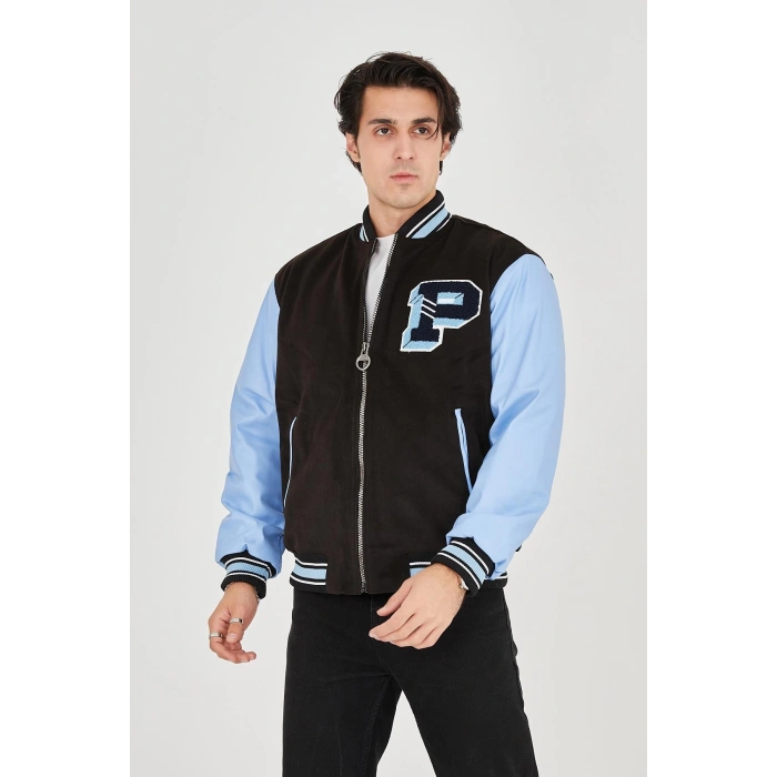 ERKEK İÇTEN ELYAF VE ASTARLI KOLLARI SUNİ DERİ CEKET - MAVİ