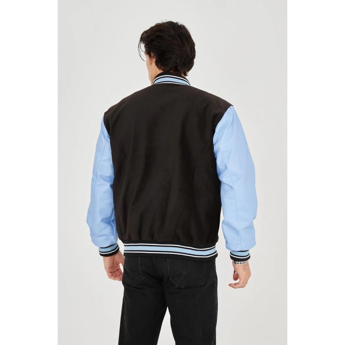 ERKEK İÇTEN ELYAF VE ASTARLI KOLLARI SUNİ DERİ CEKET - MAVİ