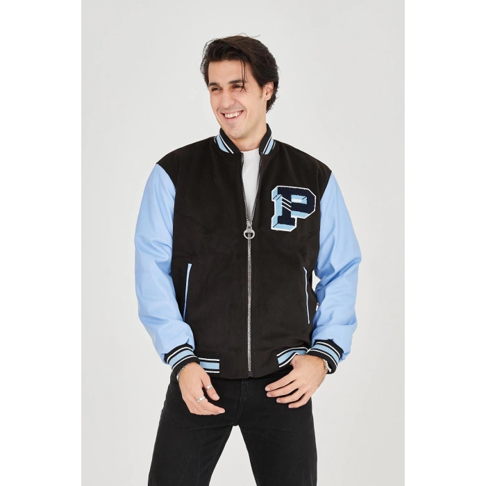 ERKEK İÇTEN ELYAF VE ASTARLI KOLLARI SUNİ DERİ CEKET - MAVİ